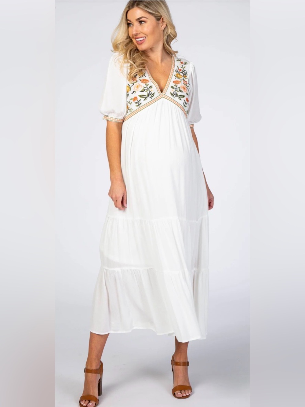 In Loom White Embroidered V-Neck Maxi Maternity Dress